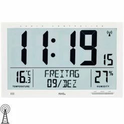 Rabatt 🎁 AMS 5887 Wanduhr Tischuhr Funk Funkwanduhr Digital Weiß Datum Thermometer Wecker 🥰