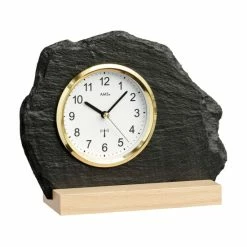 Bester Verkauf ⌛ AMS 5115 Tischuhr Funk Silbern Golden Holz Buche Mit Glas Schiefer Naturschiefer ⌛