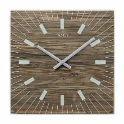 Schlussverkauf ✨ AMS 9578 Wanduhr Quarz Analog Dekor Nussbaum Farben Eckig Mit Glas 🧨