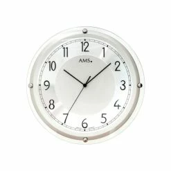 Brandneu 🔥 AMS 5542 Wanduhr Funk Funkwanduhr Analog Silbern Rund Gewölbtes Glas 🥰