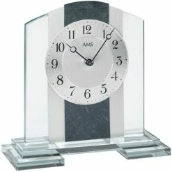 Großhandel 😉 AMS 1121 Tischuhr Quarz Silbern Glas Mit Schiefer Und Aluminium 👍