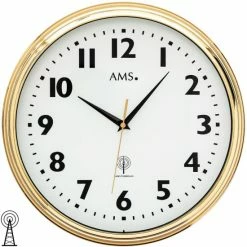 Coupon 😍 AMS 5963 Wanduhr Funk Funkwanduhr Analog Messing Farben Golden Rund Mit Glas 🧨