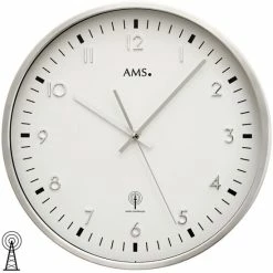 Bestpreis 🌟 AMS 5914 Wanduhr Funk Funkwanduhr Analog Silbern Rund Aus Aluminium Gebürstet ⌛