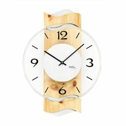 Neu 🧨 AMS 9623 Wanduhr Quarz Analog Holz Zirbe-Optik Mit Glas Modern Geschwungen 🔥