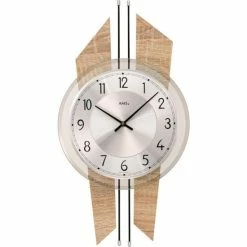 Aktion 🤩 AMS 9625 Wanduhr Quarz Analog Silbern Holz Sonoma-Optik Mit Aluminium Und Glas 🔔