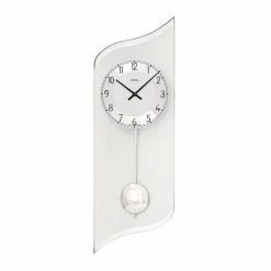 Neu 🤩 AMS 7436 Quarzuhr Silber Pendeluhr Modern Glas Wohnzimmer Wanduhr Mit Metallpendel 🎁