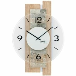 Brandneu ⌛ AMS 9542 Wanduhr Quarz Analog Modern Holz Sonoma Optik Mit Naturstein Und Glas ⭐